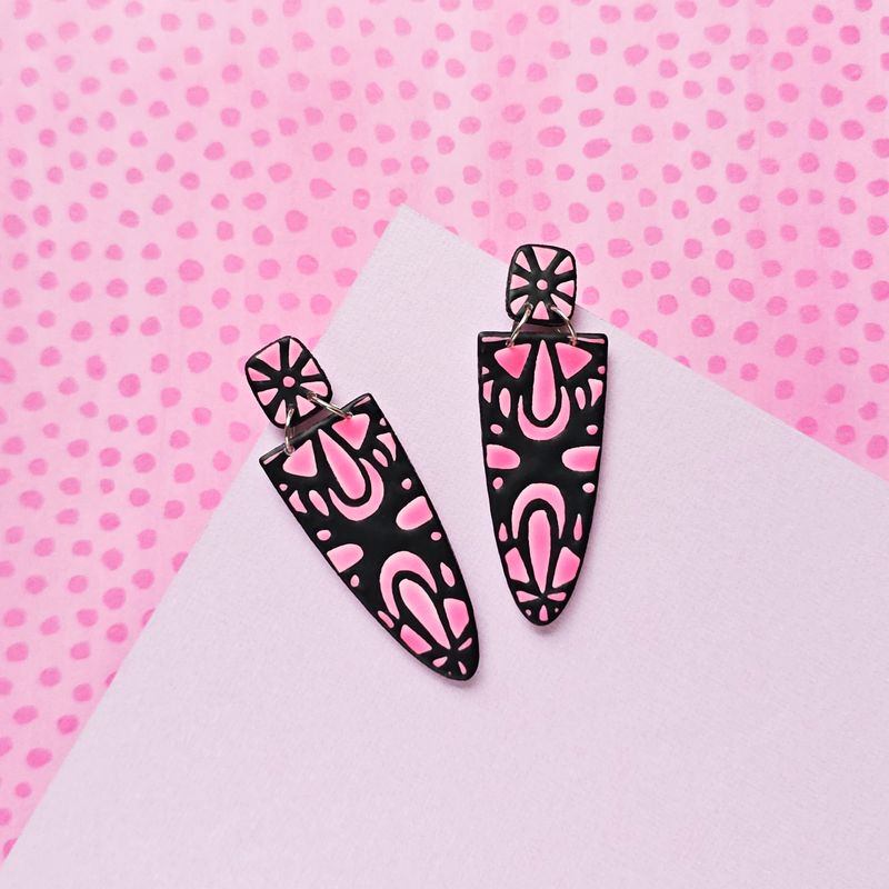 Pink and Black Long Polymer Clay Earrings