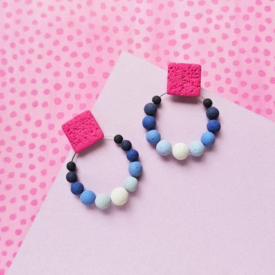 Pink and Blue Beaded Hoop Polymer Clay Earrings