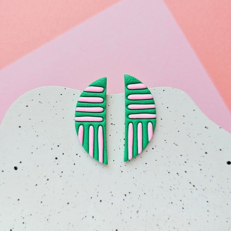 Green and Pink Lines Semicircle Polymer Clay Earrings
