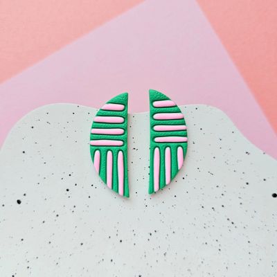 Green and Pink Lines Semicircle Polymer Clay Earrings
