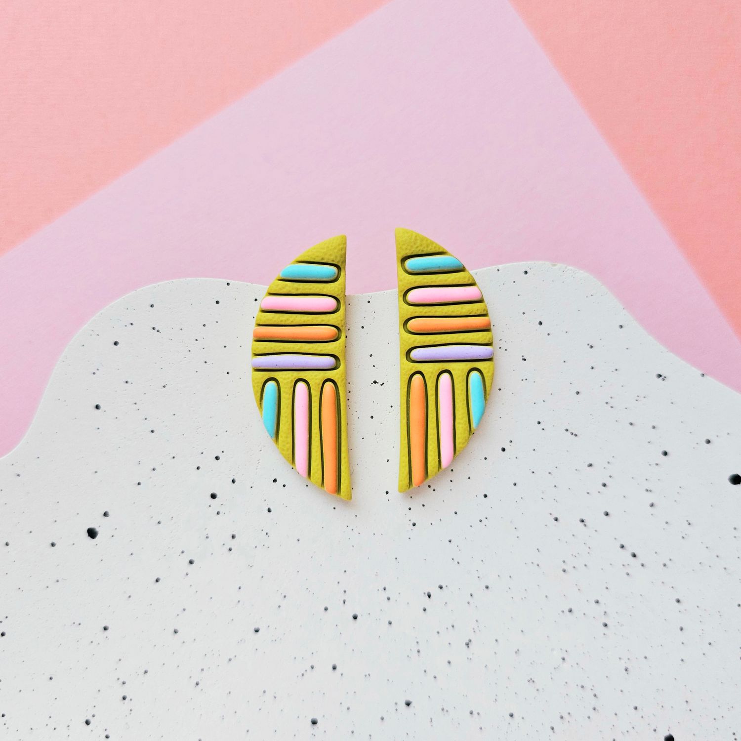 Citron Green and Colourful lines Semicircle Polymer Clay Earrings