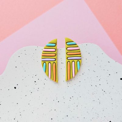 Citron Green and Colourful lines Semicircle Polymer Clay Earrings