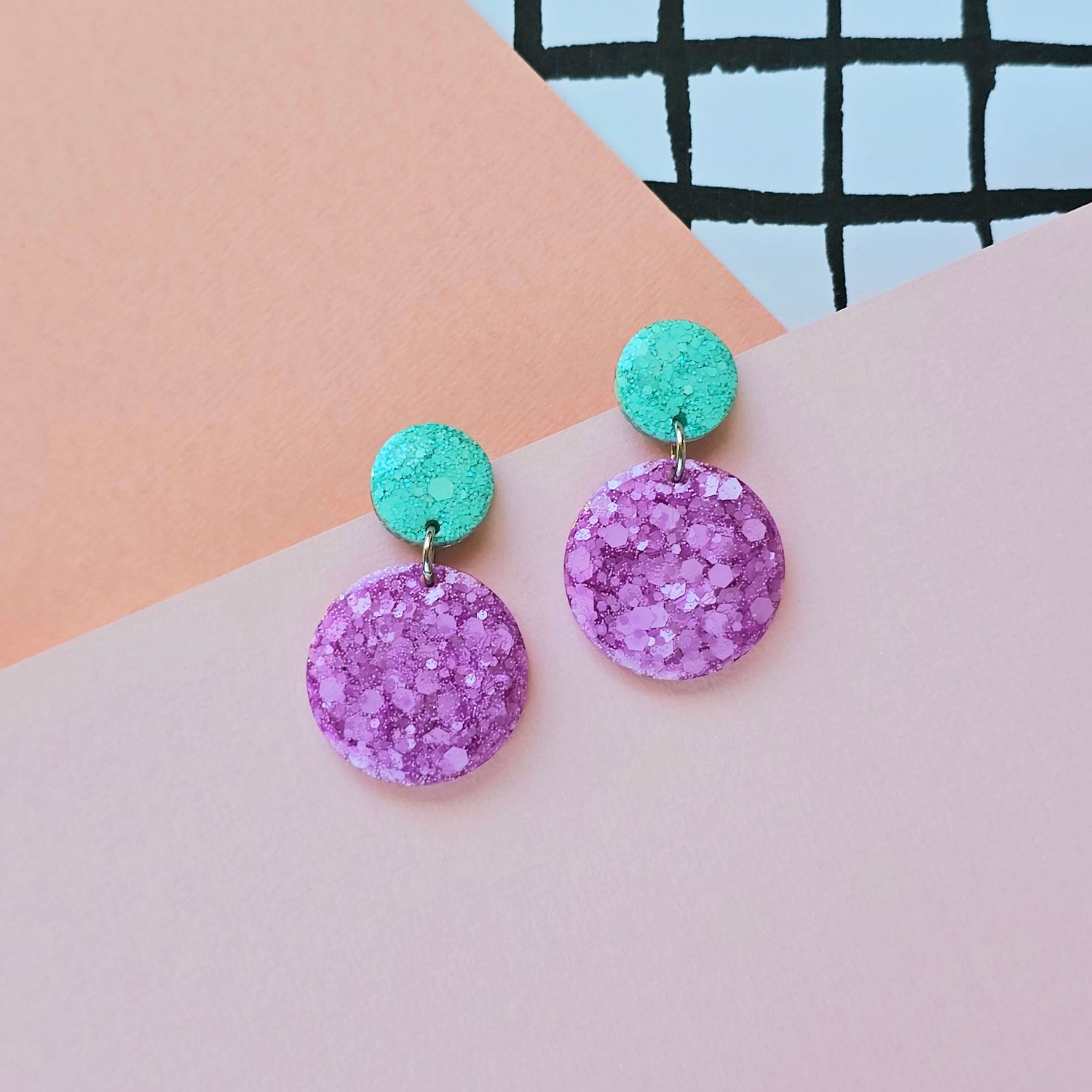 Green and Purple Lightweight Resin Earrings