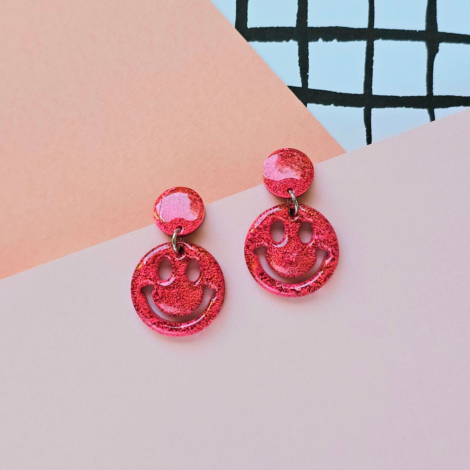 Pink Happy Face Lightweight Resin Earrings