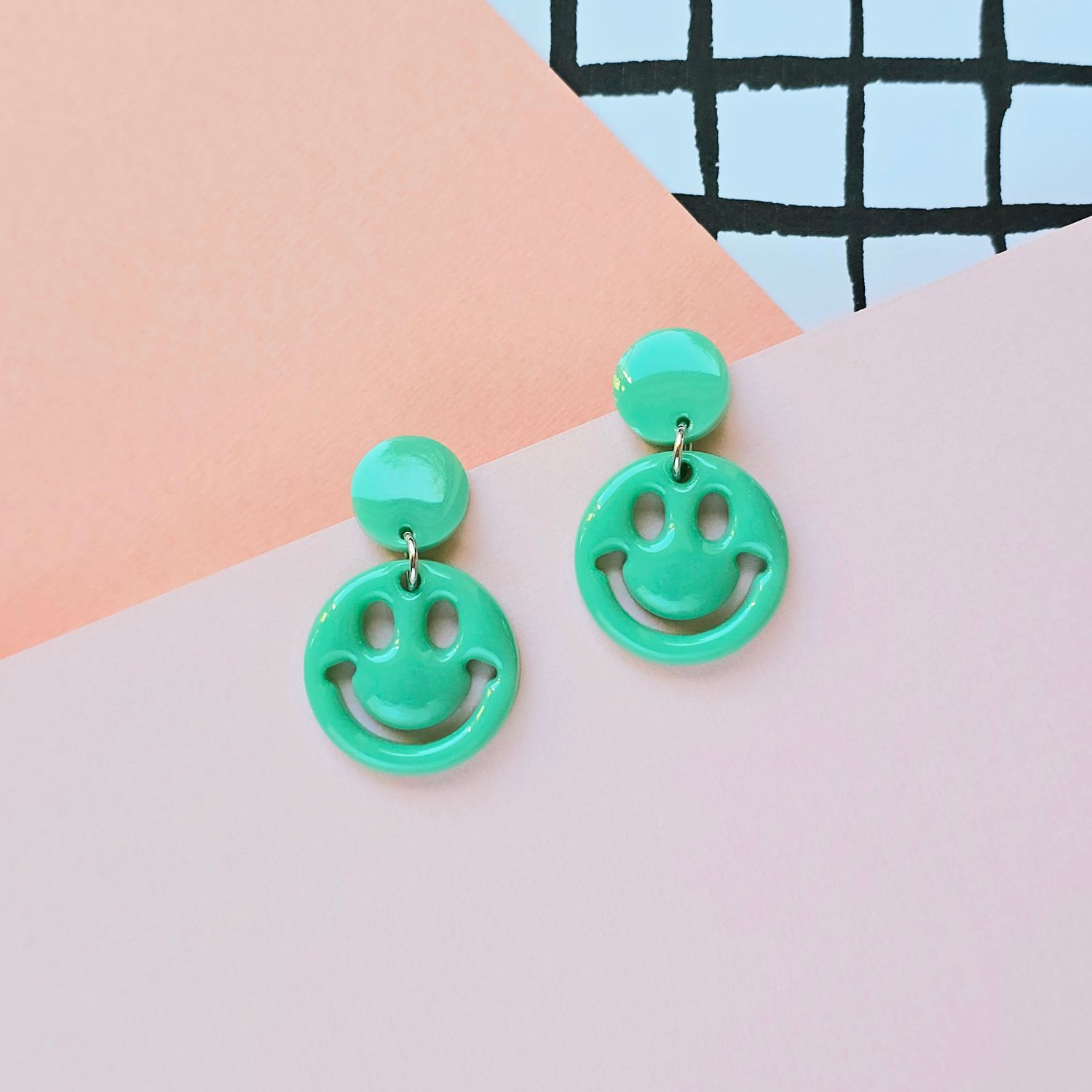 Green Happy Face Lightweight Resin Earrings