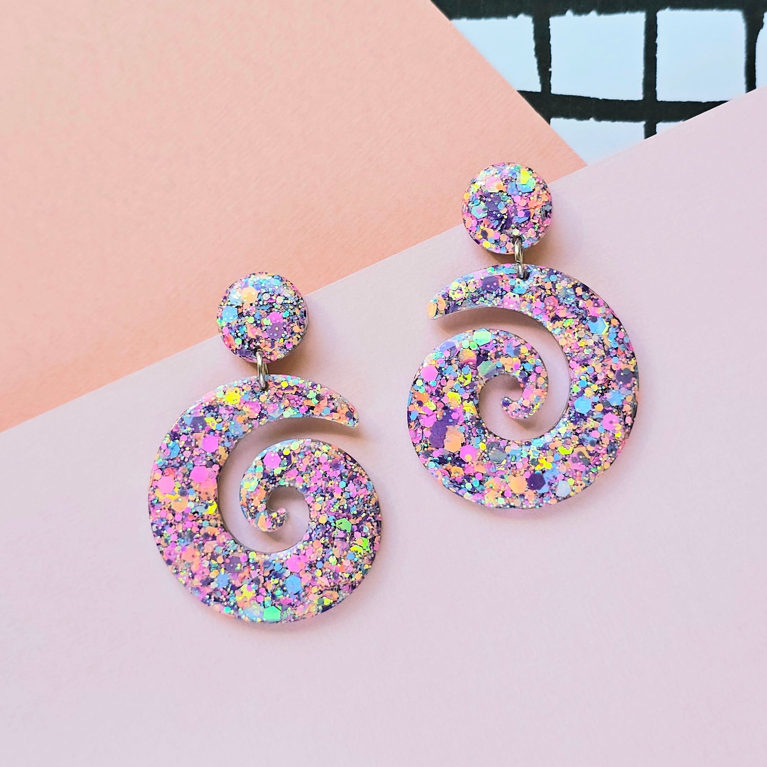 Pastel Glitter Spiral Lightweight Statement Resin Earrings