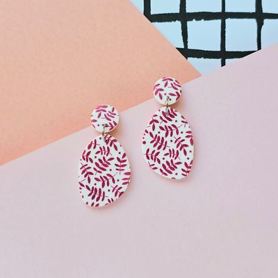 Organic Shaped Dark Pink Leaf Polymer Clay Earrings