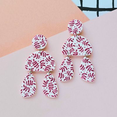 Long Statement Dark Pink Leaf Polymer Clay Earrings