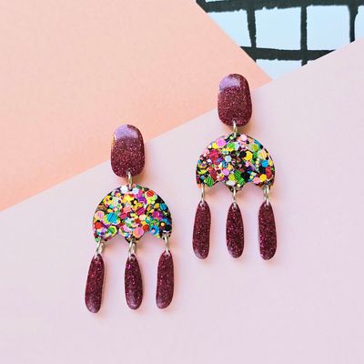 Rainbow and Dark Red Glitter Elegant Lightweight Resin Earrings
