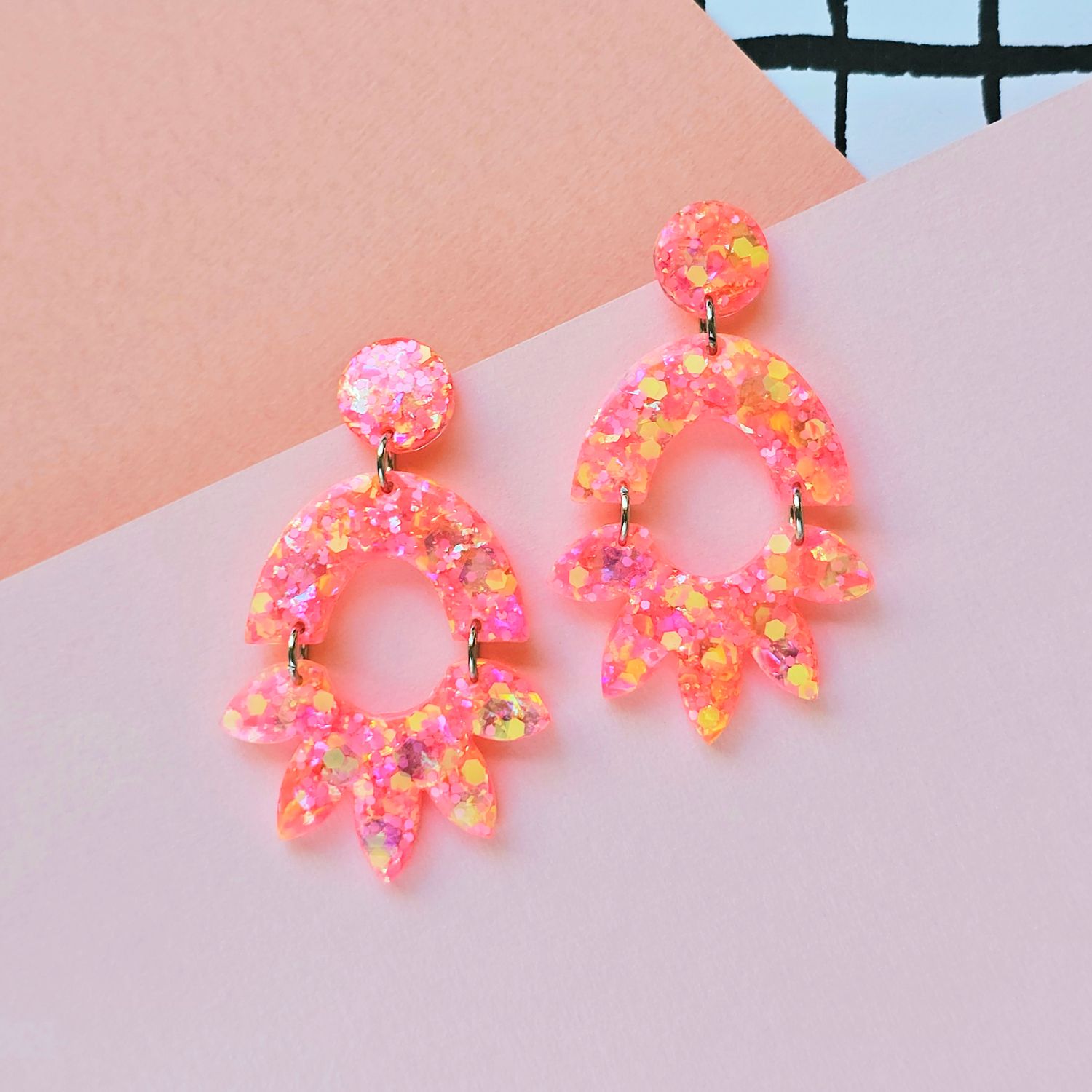 Pink and yellow glitter statement resin earrings