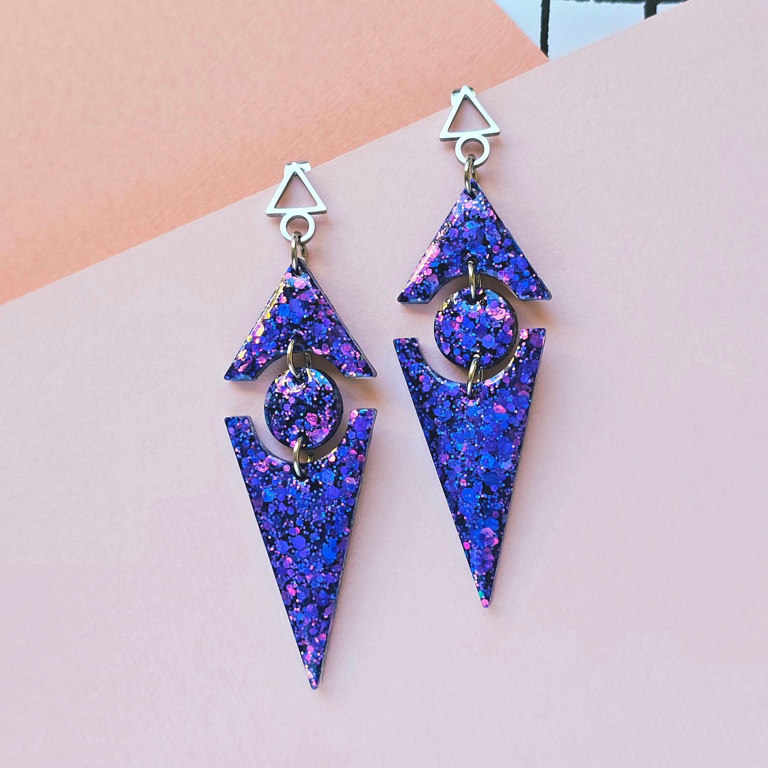 Purple Pink Long Triangle Glitter Elegant Lightweight Resin Earrings