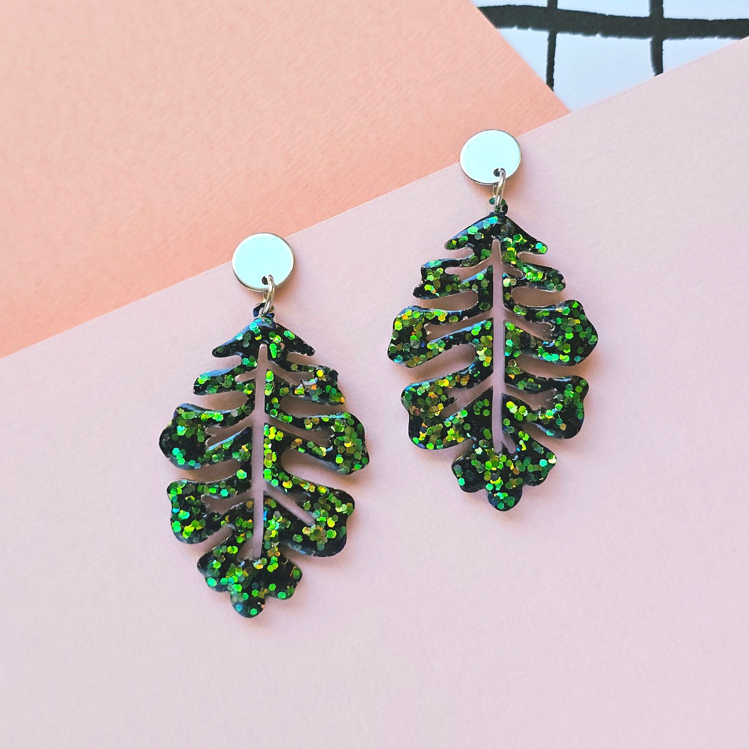Green Leaf Glitter Elegant Lightweight Resin Earrings