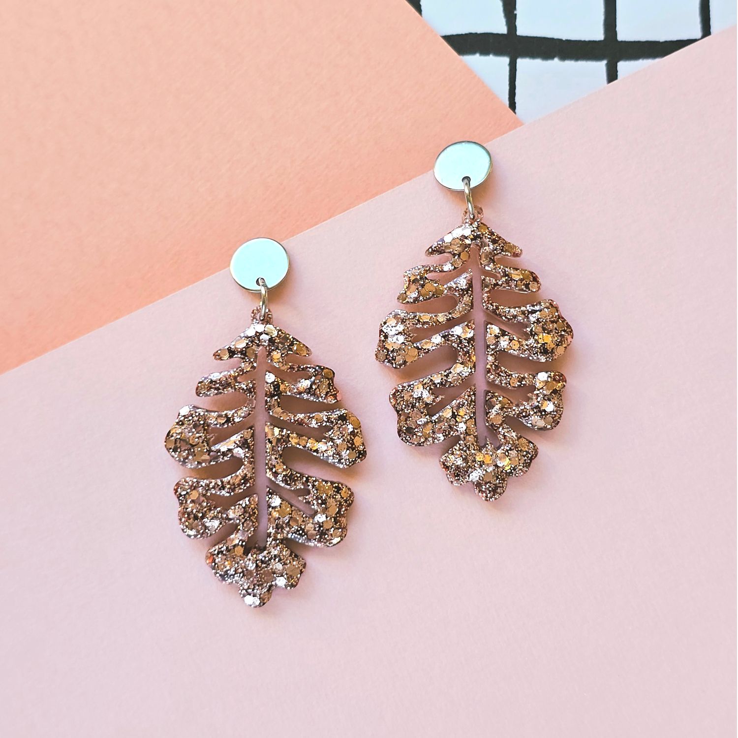 Rose Gold Leaf Glitter Elegant Lightweight Resin Earrings