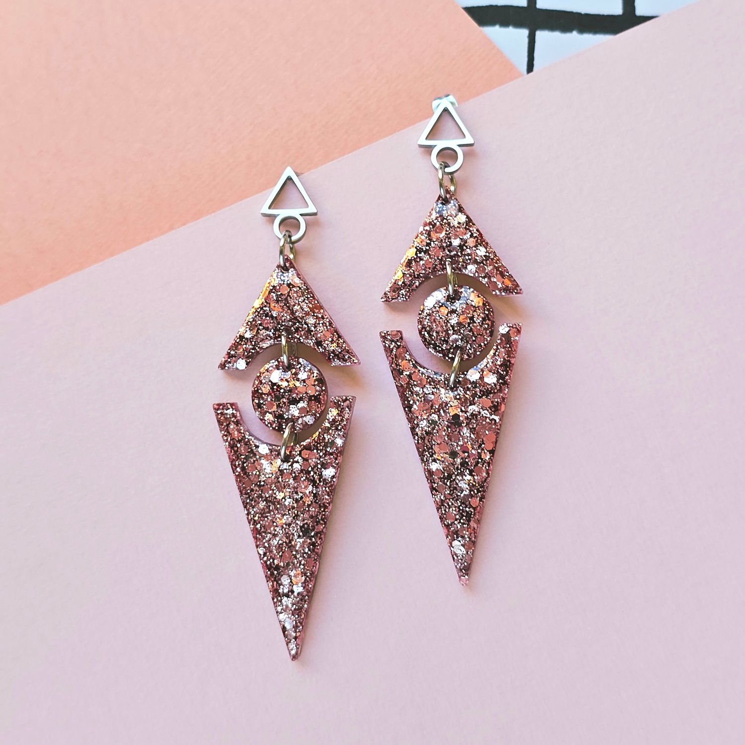 Rose Gold Long Triangle Glitter Elegant Lightweight Resin Earrings