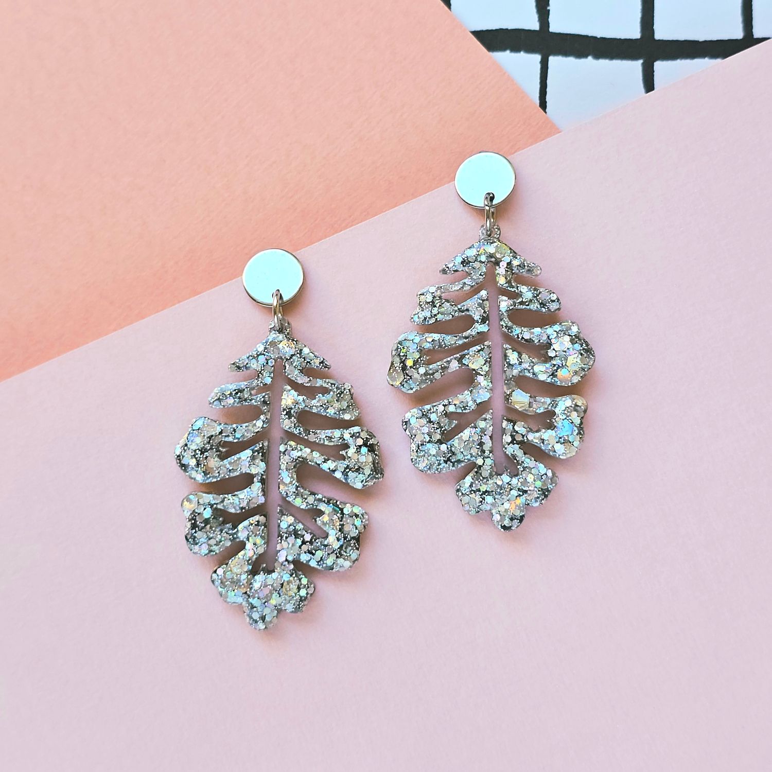 Silver Leaf Glitter Elegant Lightweight Resin Earrings