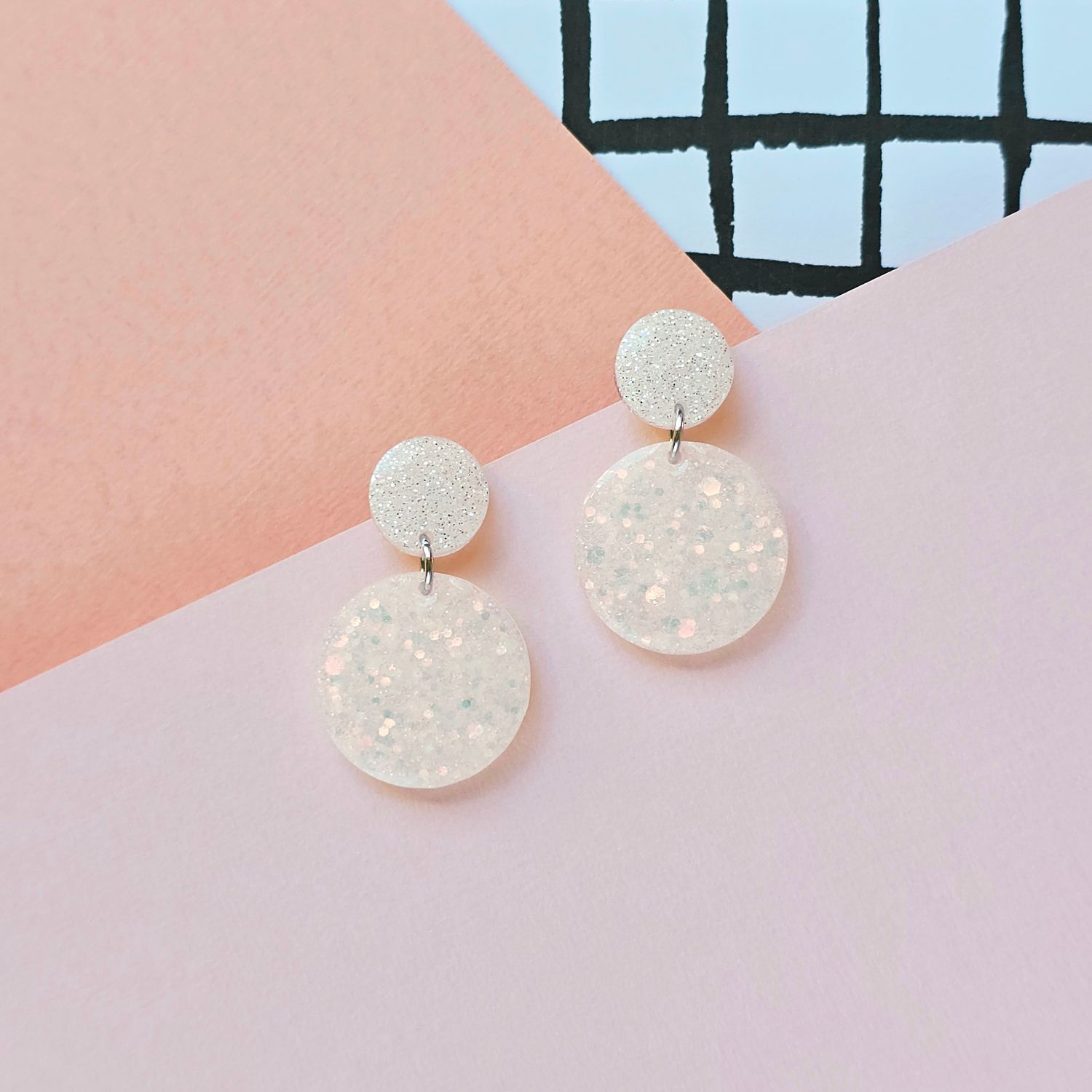 White Glitter Circle Elegant Lightweight Resin Earrings