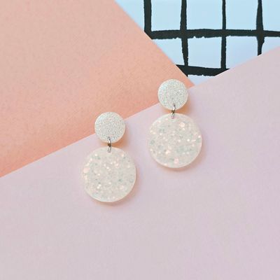 White Glitter Circle Elegant Lightweight Resin Earrings