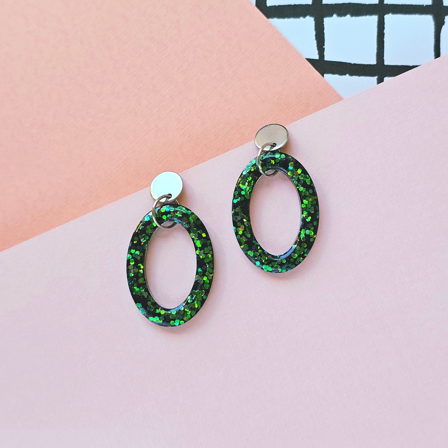 Green Glitter Oval Elegant Lightweight Resin Earrings