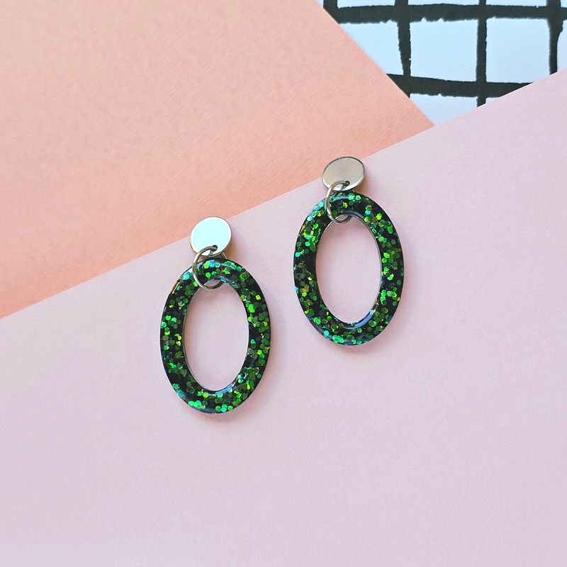 Green Glitter Oval Elegant Lightweight Resin Earrings