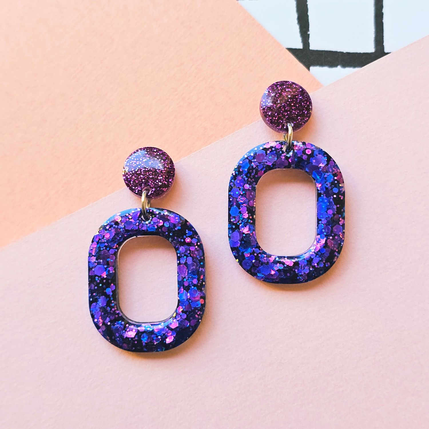 Purple Pink Glitter Oval Elegant Lightweight Resin Earrings