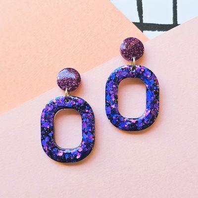 Purple Pink Glitter Oval Elegant Lightweight Resin Earrings