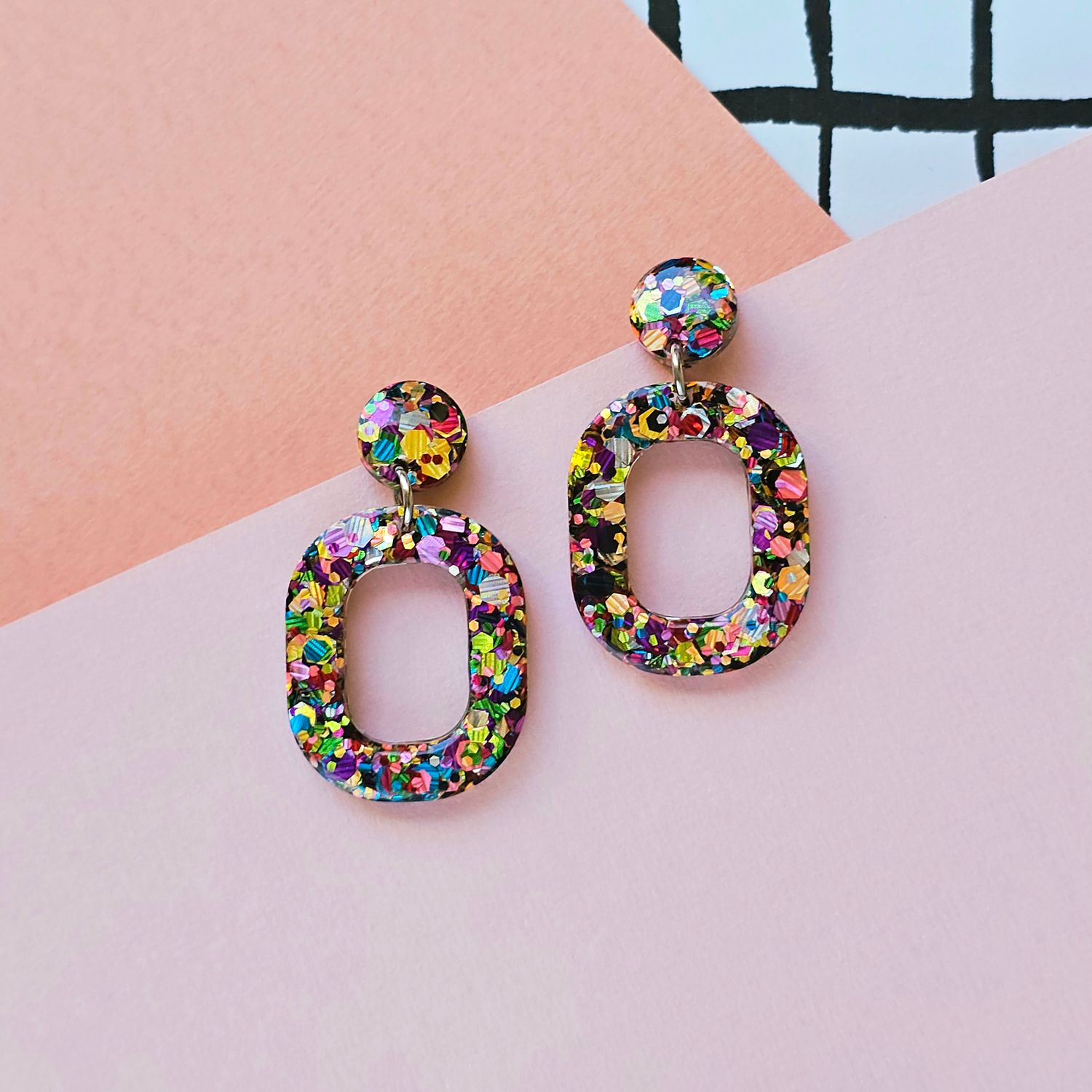 Rainbow Glitter Oval Elegant Lightweight Resin Earrings