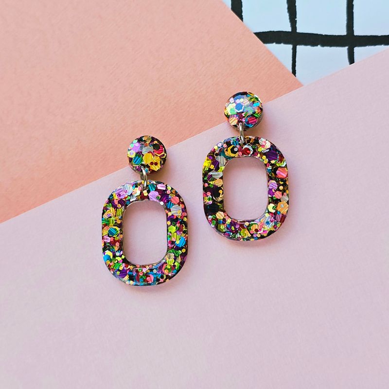 Rainbow Glitter Oval Elegant Lightweight Resin Earrings