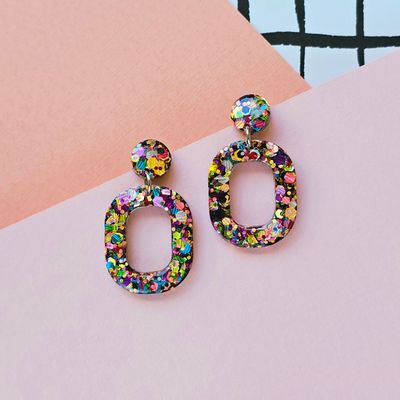 Rainbow Glitter Oval Elegant Lightweight Resin Earrings