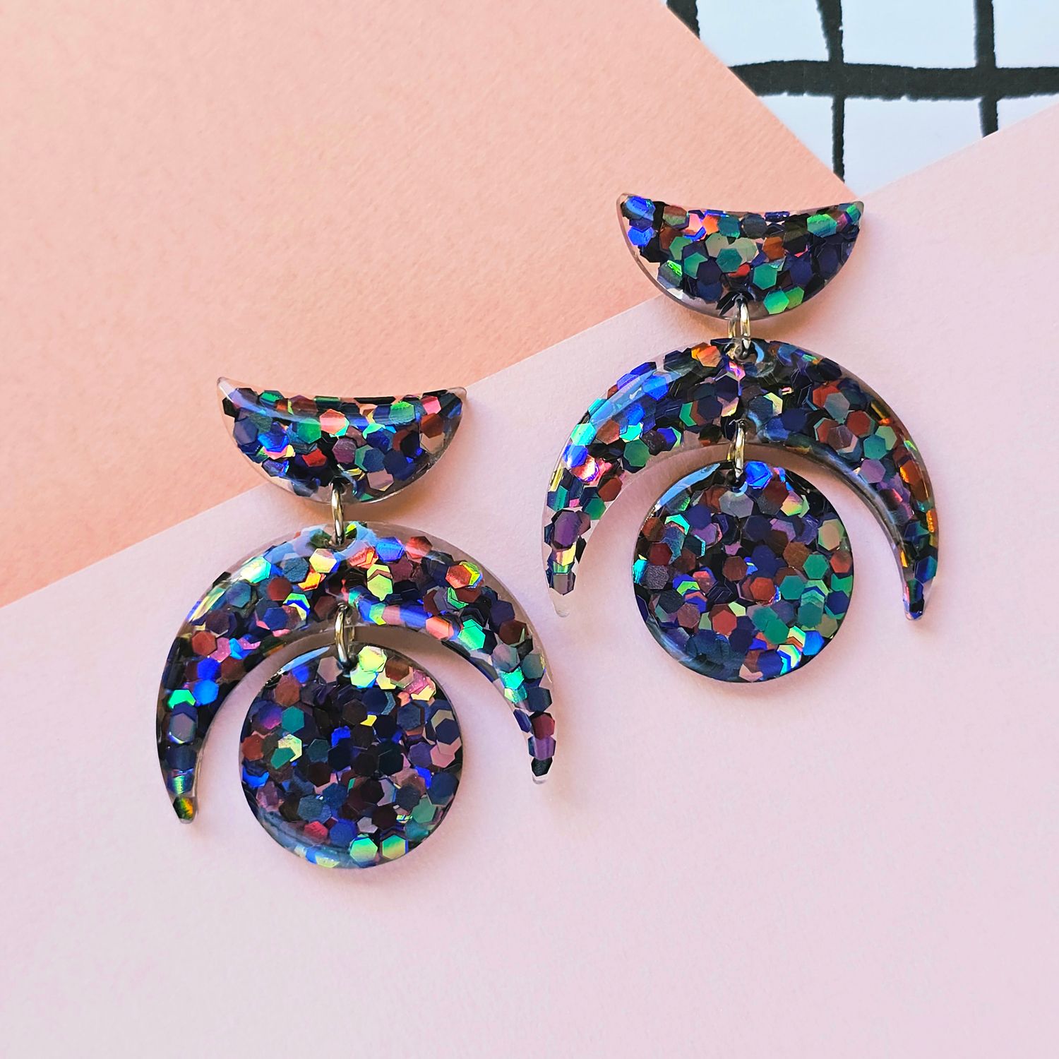 Blue Glitter Boho Large Resin Earrings