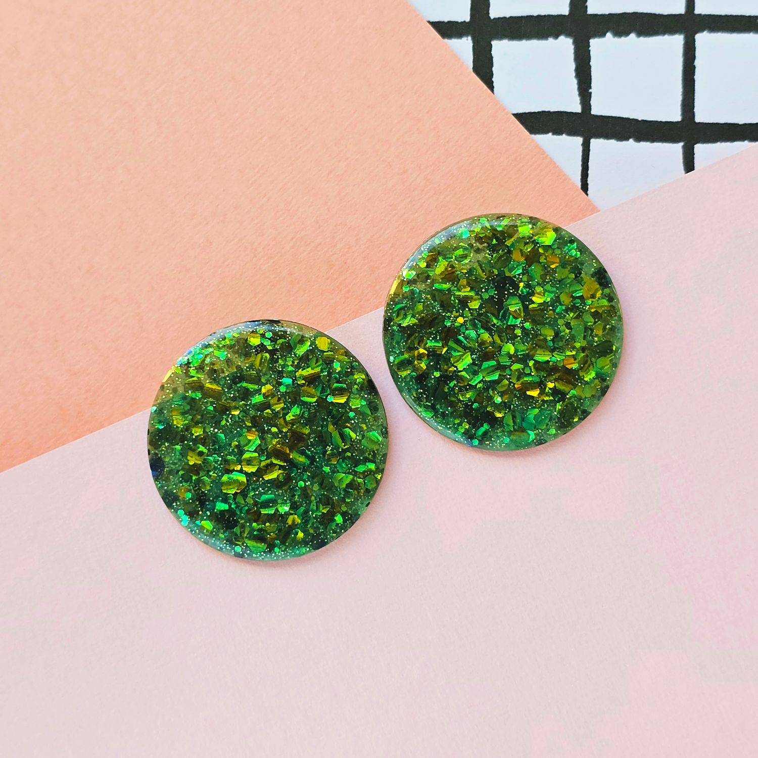 Green Glitter Elegant Large Disc Lightweight Resin Earrings