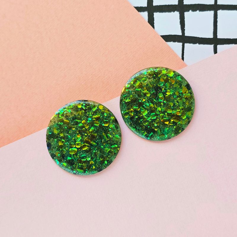Green Glitter Elegant Large Disc Lightweight Resin Earrings
