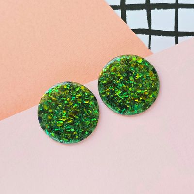 Green Glitter Elegant Large Disc Lightweight Resin Earrings