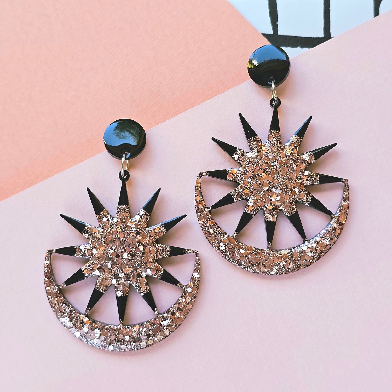 Rose Gold and Black Sun Moon Glitter Celestial Large Resin Earrings