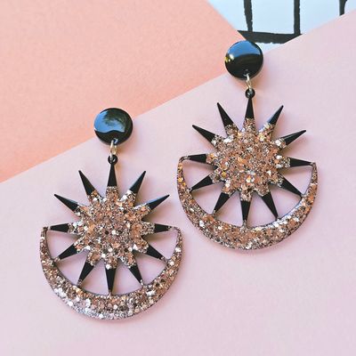 Rose Gold and Black Sun Moon Glitter Celestial Large Resin Earrings