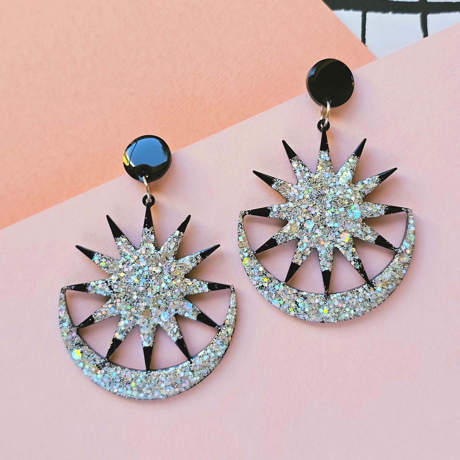 Silver and Black Sun Moon Glitter Celestial Large Resin Earrings