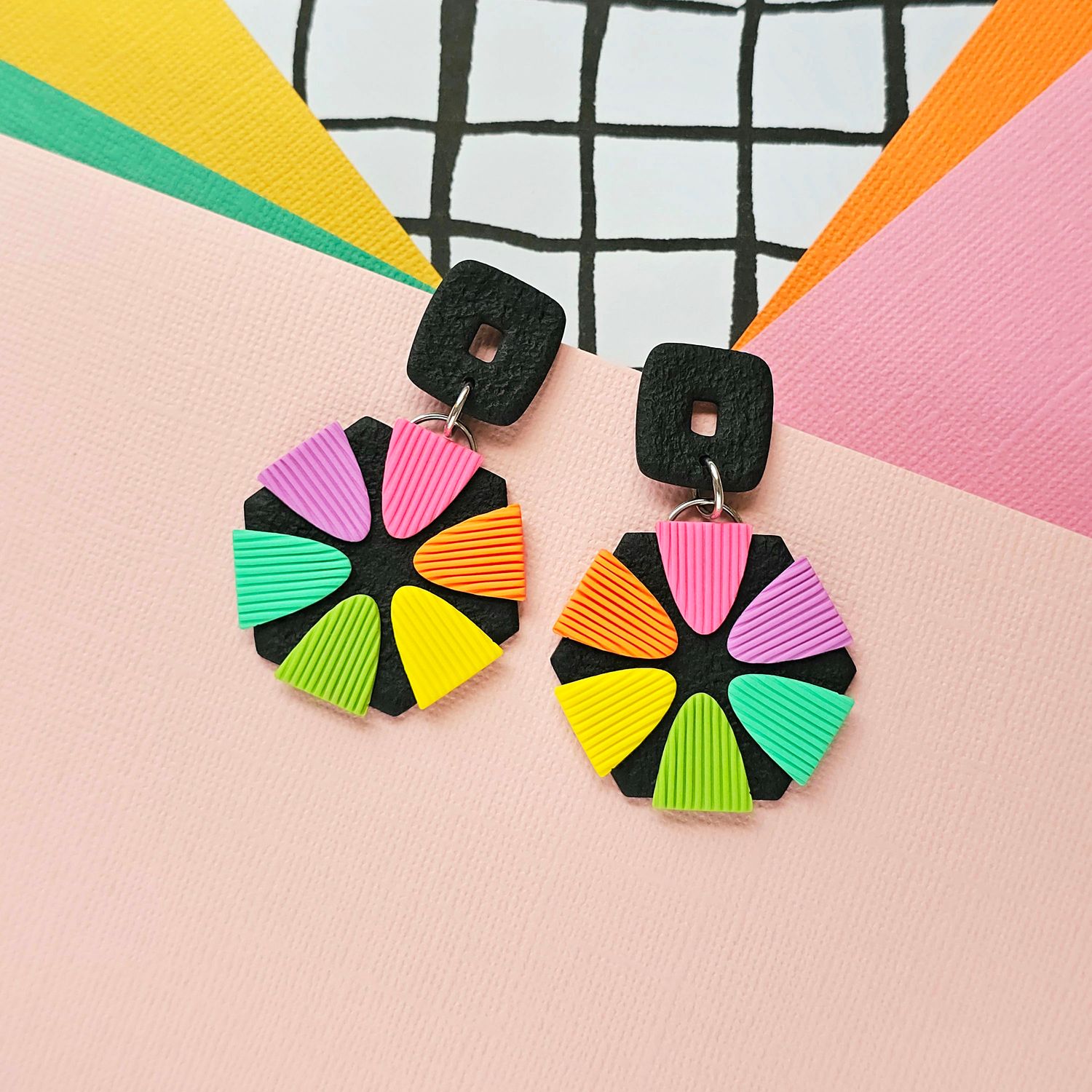 Rainbow statement handmade polymer clay earrings