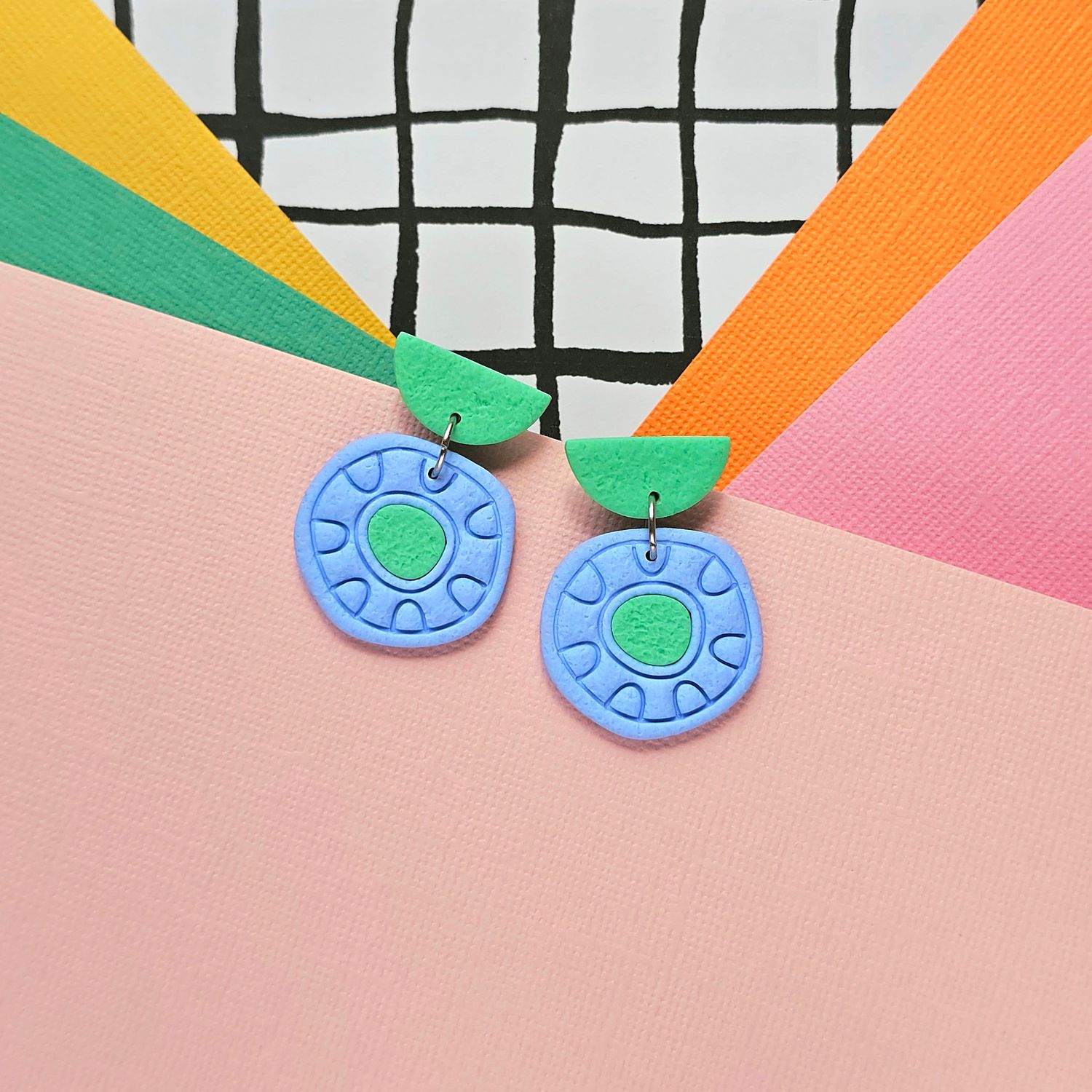 A pair of blue and green cute polymer clay earrings