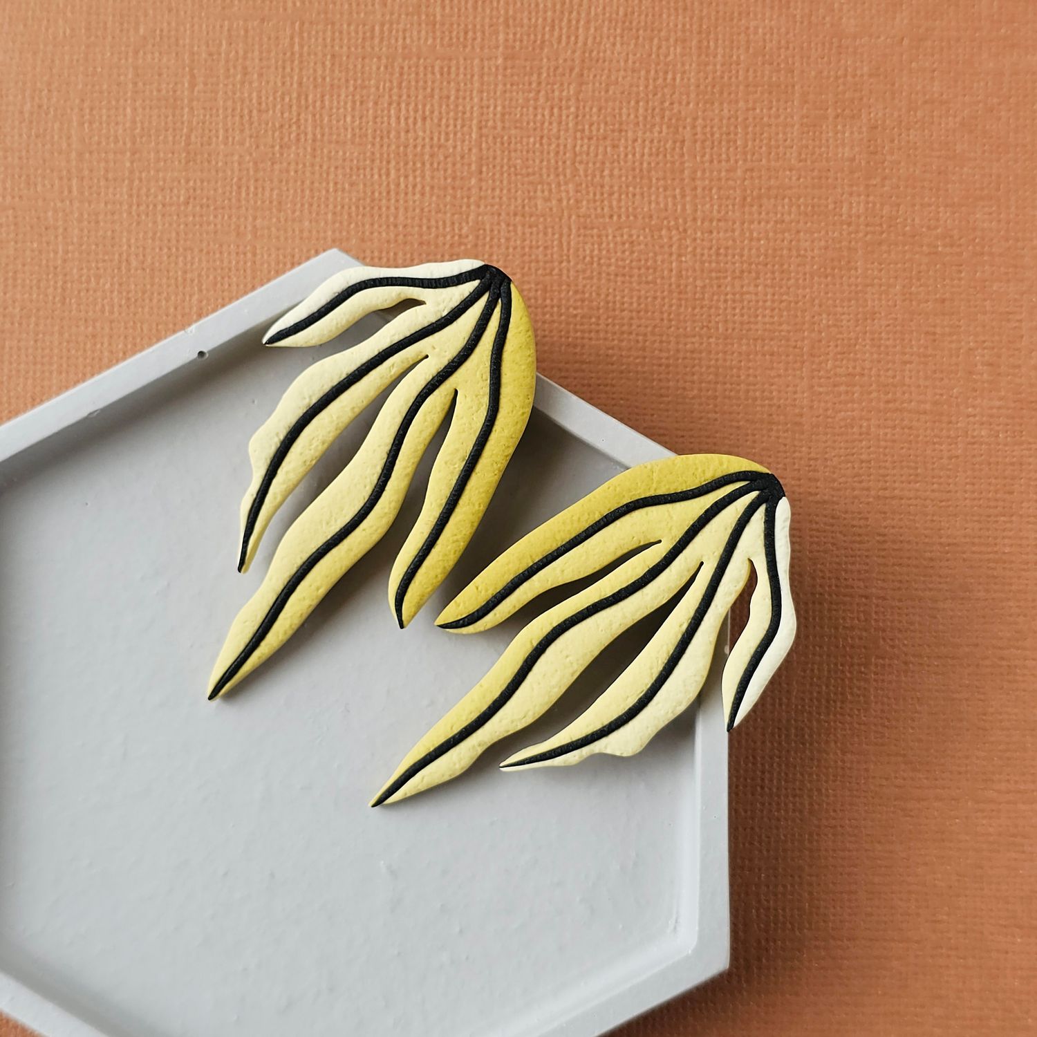 Key lime muted yellow gradient leaf polymer clay long studs