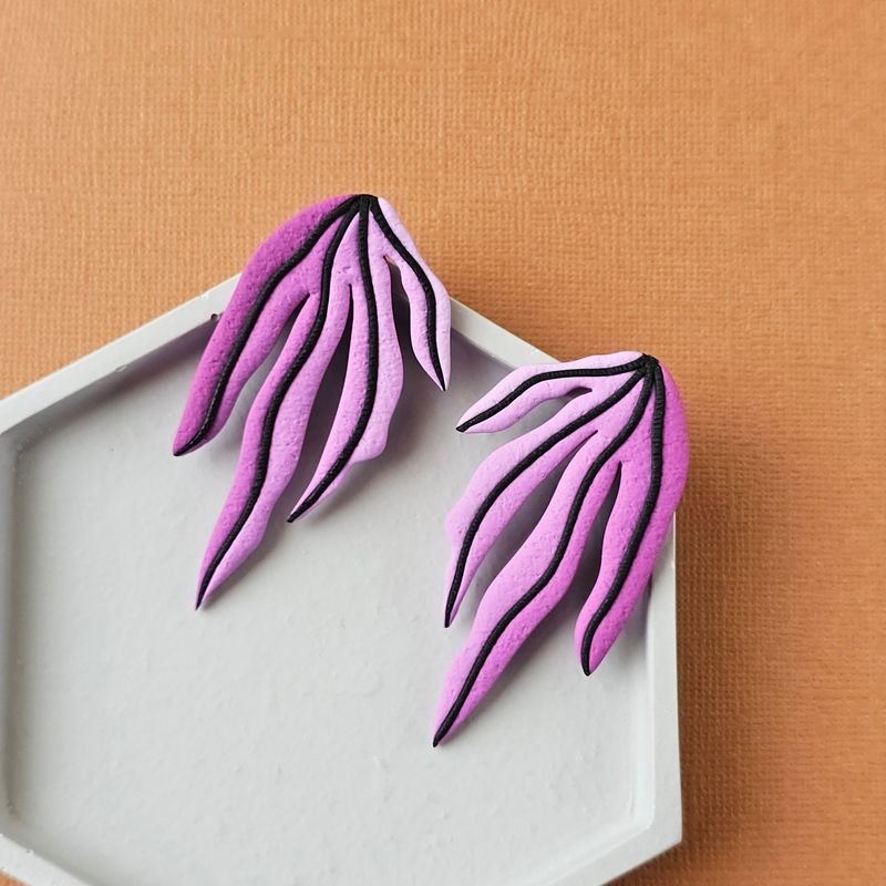 A pair of purple gradient leaf polymer clay long studs