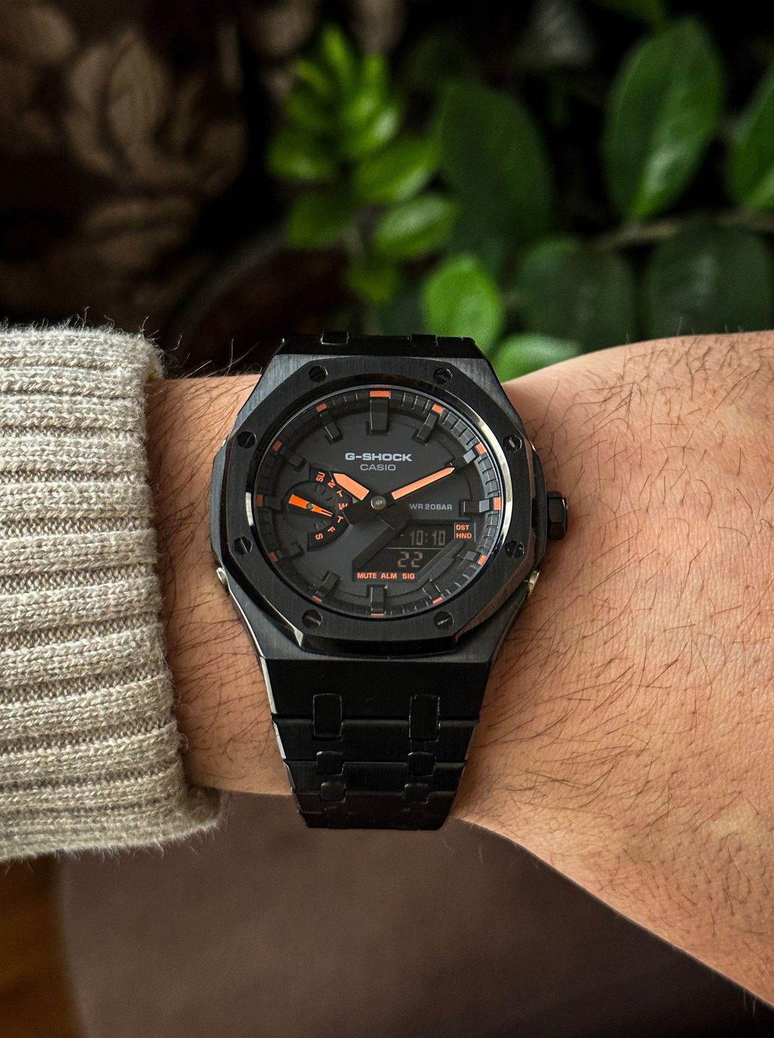 G-SHOCK CasiOak Full Black-with black and orange watch dial