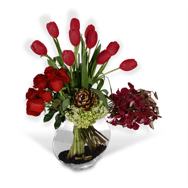 Bouquet Rosas Rojas y Orquideas Oro | BE MINE