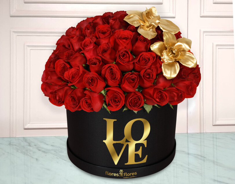 Bouquet 100 Rosas Rojas y Orquideas Oro | SOULMATE