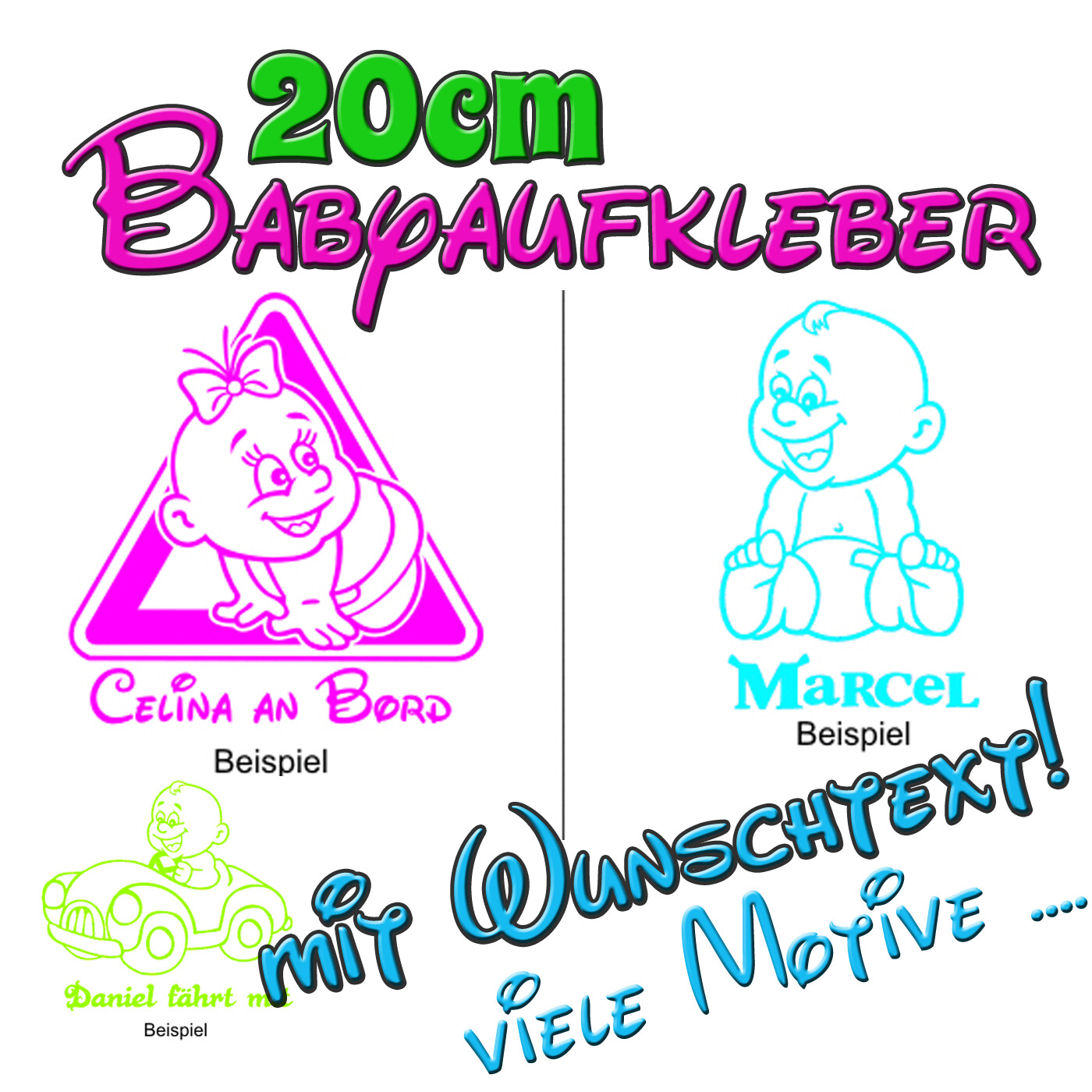 20cm Babyaufkleber mit Ihrem Wunschtext dazu in diverse Farben und Motive