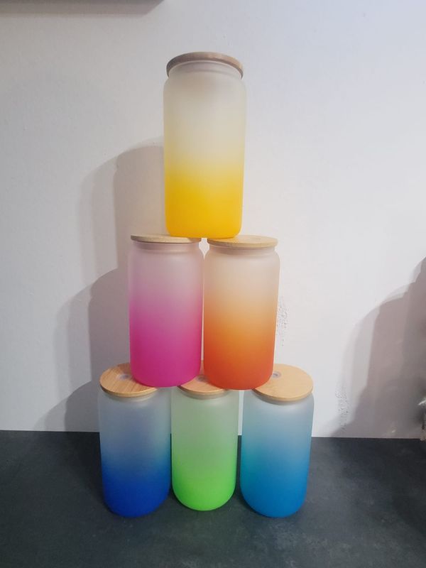 Trinkglas Ombre satiniert mit Bambusdeckel Trinkglas Ombre satiniert mit Bambusdeckel