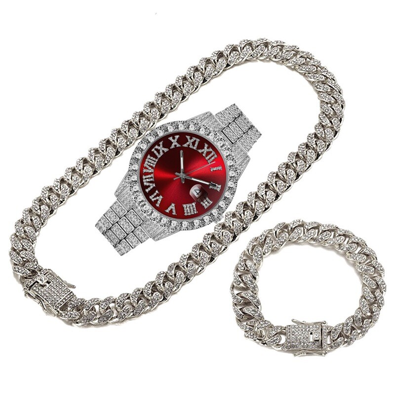 Factory Wholesale Hip Hop Set Fashion Steel Band Watch Bracelet Necklace Rhinestone Fashion Full Diamond Set Spot
