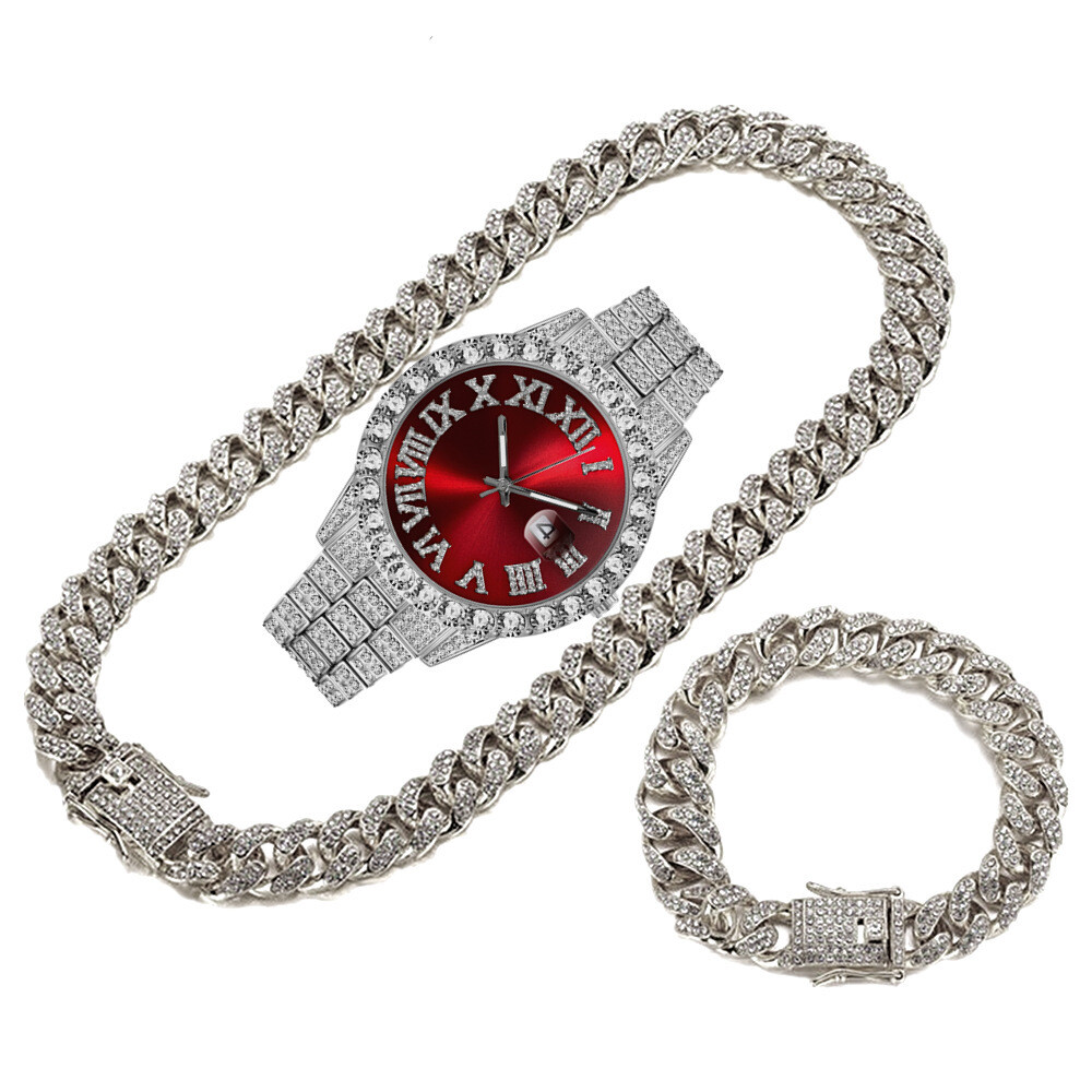 Factory Wholesale Hip Hop Set Fashion Steel Band Watch Bracelet Necklace Rhinestone Fashion Full Diamond Set Spot