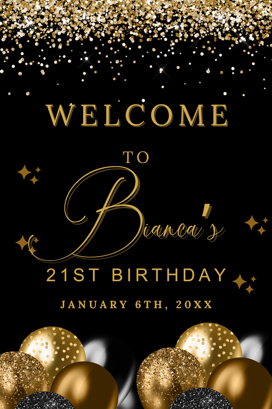 Welcome Birthday Black &amp; Gold  -  UV Printed Acrylic Sign