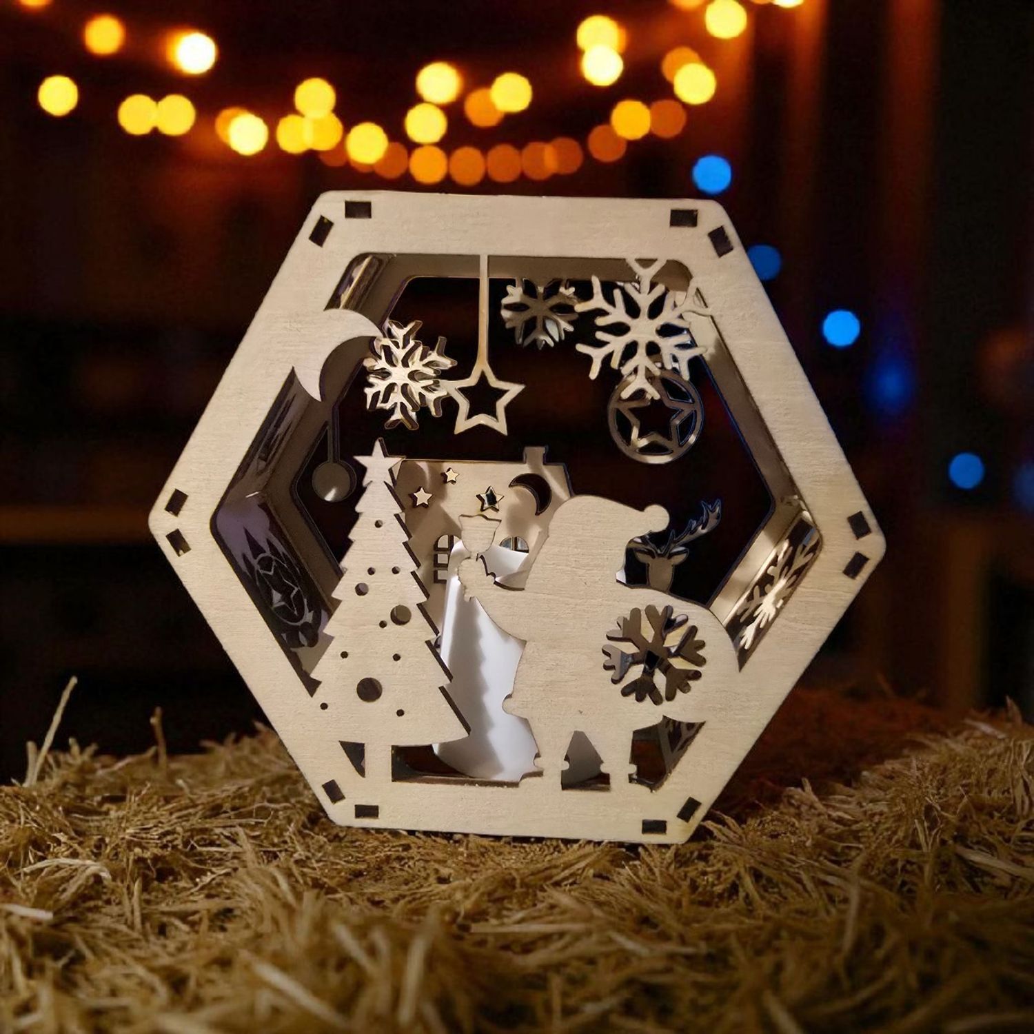 Hexagon hand crafted Wood Christmas Light