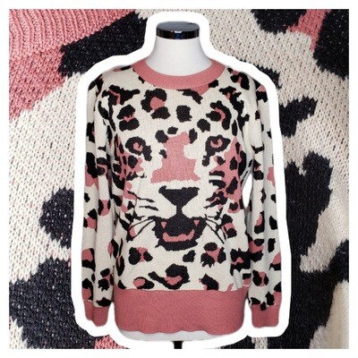 Jon &amp; Anna Leopard Face Sweater in Pink Black &amp; Cream Size XL