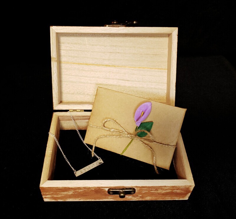 Custom, hand-decorated hard wood box, Necklace, and personalized note
